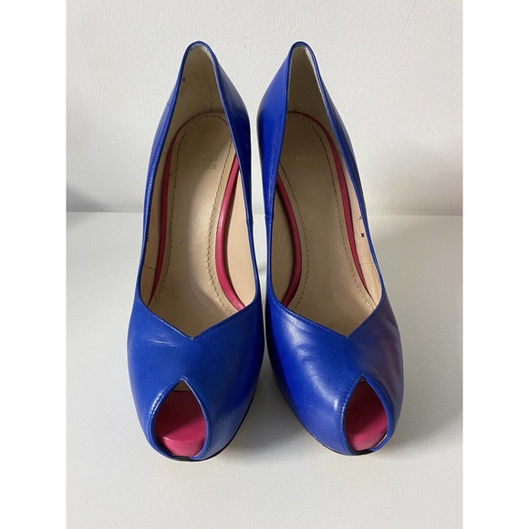 Stuart Weitzman Victoria Pump Ultramar Blue Colorblock Peep Toe Leather … - Picture 3 of 12